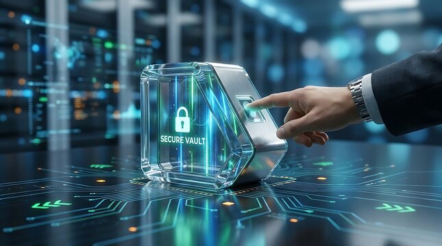 Businessman uses fingerprint scanner on secure digital vault in data center