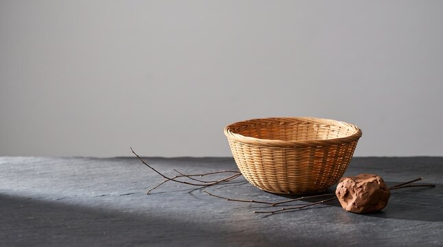Wicker basket with raw clay and dry twigs on dark stone surface
