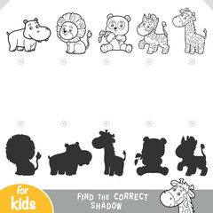 Obraz premium Set of cute zoo animals, find the correct shadow educational game. Black and white coloring page worksheet for train logic visual perception and attention for preschool learning