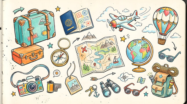 "Quirky doodle collection of travel and adventure. Loose sketches of suitcases, passports, compasses, maps, cameras, and airplanes in an adventurous line art style."