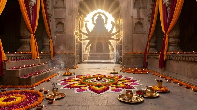 Goddess Durga silhouette in a temple with traditional rangoli and lamps
