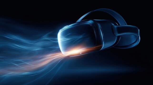 Futuristic virtual reality headset emitting glowing light streaks with dynamic energy flow in dark environment for advanced gaming and immersive experience