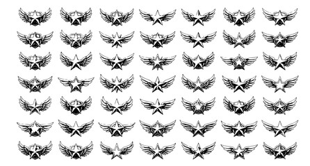 Military Star Logo and Aviator Wing Badge Icon Set with Metallic Shield Crest Symbols for Security Forces Tactical Apparel and Esport Mascot Designs © TOHURA