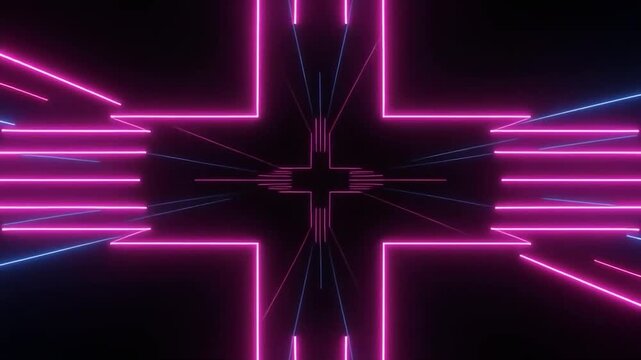 Seamless Loop of Glowing Neon Cross and Laser Light Rays, Electric Pink and Sapphire Blue Futuristic VJ Background