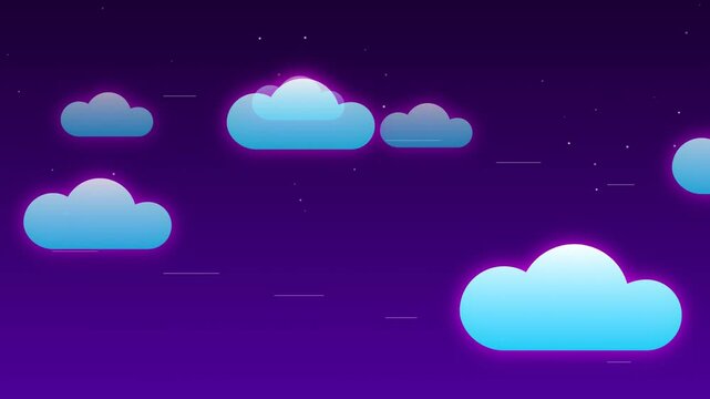 Abstract Futuristic Cloud Computing Concept with Glowing Neon Blue Clouds on Dark Purple Night Sky Background Illustration