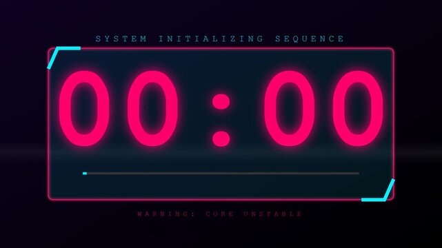 Futuristic Digital Countdown Timer with Cyan Glowing Numbers on Dark HUD Interface for System Initializing Sequence and Science Fiction Protocol