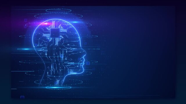 Blue AI head background glowing circuit lines, central chip, data rings, and dark copy space. artificial intelligence videos, neural network intros, tech presentations, chatbot visuals, motion loops.