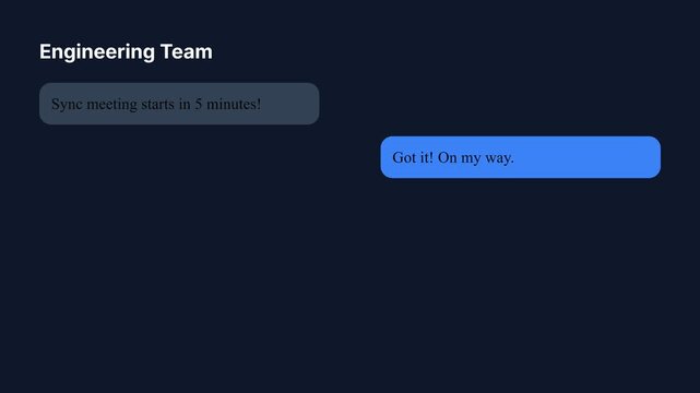 Modern Digital Communication, animated chat bubbles with 'Sync meeting starts in 5 minutes!' and 'Got it! On my way.' messages, featuring 'Engineering Team' header, symbolizing efficient remote work