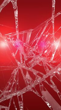 Broken glass with ambulance and police lights flashing. Shattered glass with pulsating red and blue ambulance and police lights. Abstract background for emergency, accident, danger, vertical format