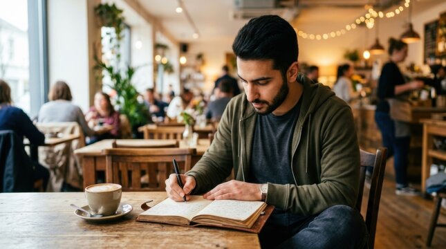 Young Professional Writer Drafting Creative Content in Personal Journal inside Caf?