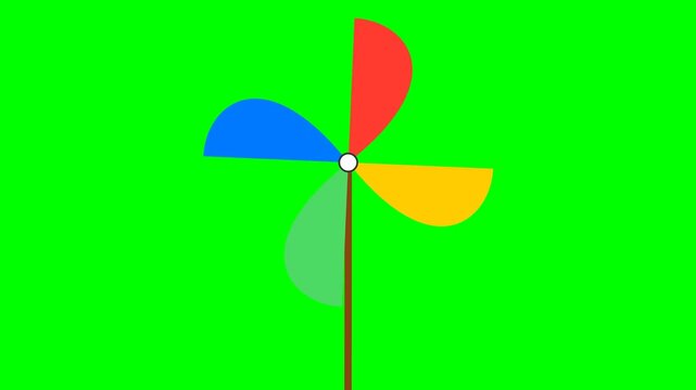 Colorful Multi-colored Toy Pinwheel Illustration with Red Blue Yellow and Green Blades Isolated on a Chroma Key Green Screen Background
