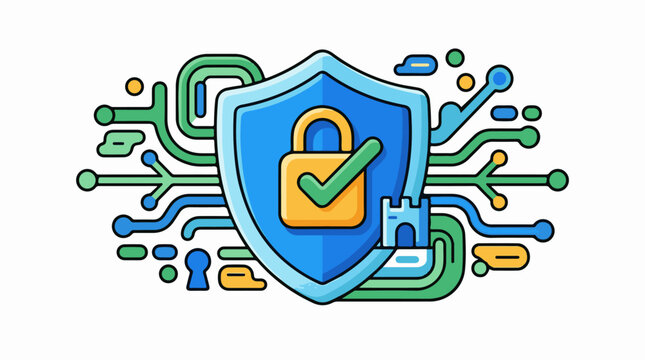 Digital shield with lock and circuits representing cybersecurity