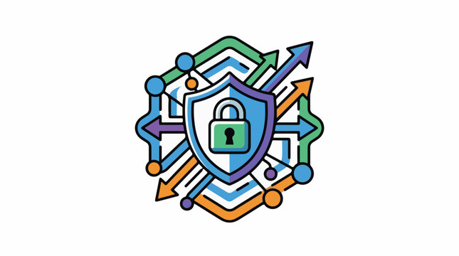 Digital shield with lock and directional arrows on a white background