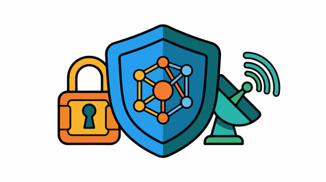 Digital shield with lock and satellite dish symbolizing security and connectivity