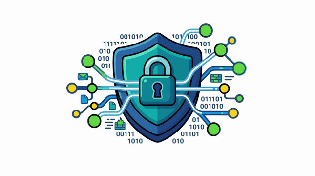 Digital shield with lock binary code and network connections