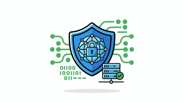 Digital shield with lock icon circuit board lines servers binary code