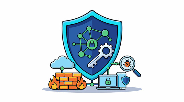 Digital shield with lock key and bug representing cybersecurity