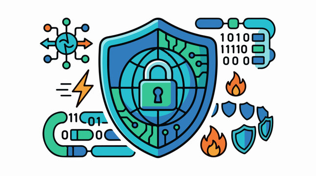 Digital shield with lock icon binary code network and fire symbols