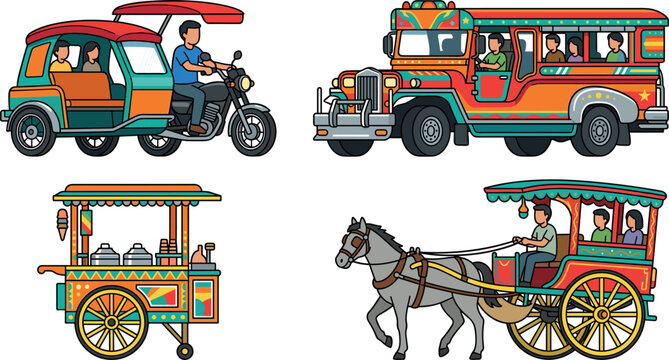 Traditional Philippines Transportation Vector Icon Set with Jeepney, Tricycle, Kalesa Horse Carriage, and Ice Cream Cart for Culture Travel Graphic Designs
