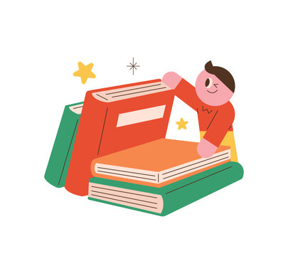 Cute cartoon boy character organizing stack of books library bookstore and heavy reading concept vector illustration