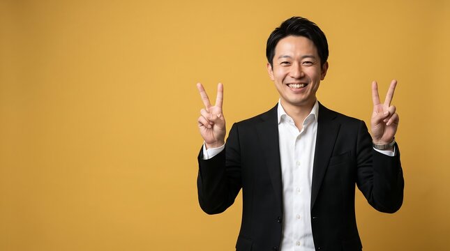 Happy Asian businessman showing peace signs on yellow background