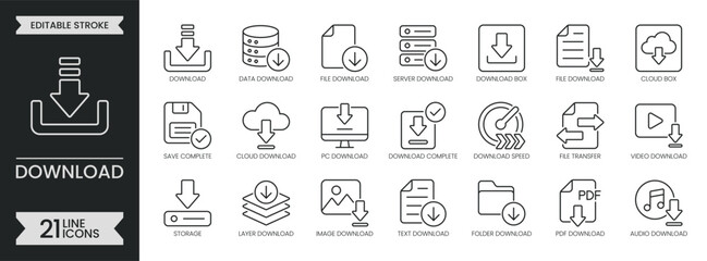 Download outline icon set. Containing data transfer, cloud storage, server, file save, media interface, document, speed, image, video, audio and more. Editable stroke icons pack. Vector illustration © SomDraw