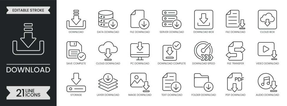 Download outline icon set. Containing data transfer, cloud storage, server, file save, media interface, document, speed, image, video, audio and more. Editable stroke icons pack. Vector illustration