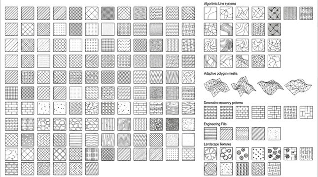 Architectural hatching patterns and engineering fills vector set, technical drawing textures, landscape and topographic mapping symbols
