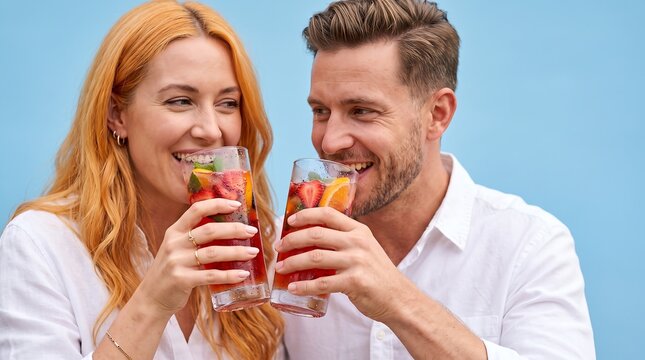 Happy young couple toasting with cold summer fruit cocktails