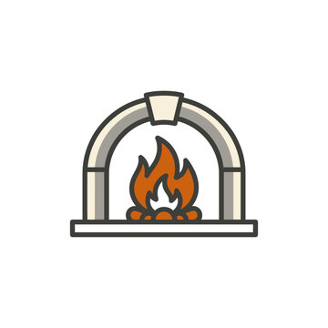Stone fireplace icon with burning fire.