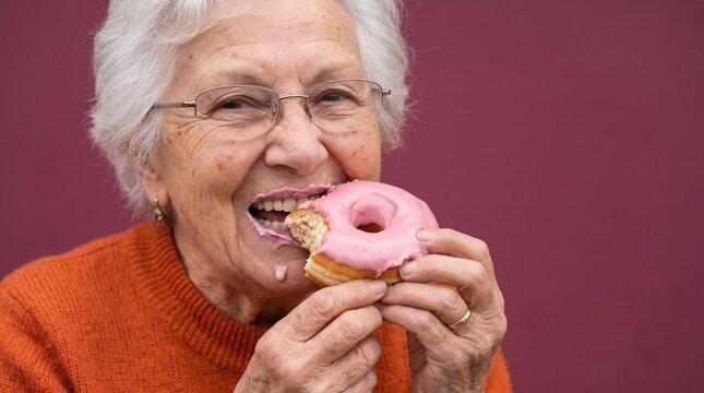 Happy senior woman eating a pink glazed donut with messy frosting