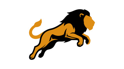 Powerful jumping lion mascot logo with black mane and golden fur isolated on white background for sports and team branding © XsDax