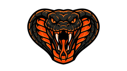 Fierce and dynamic orange and black cobra head illustration, perfect as an aggressive sports team mascot or striking visual logo, embodying power and a predatory gaze © XsDax