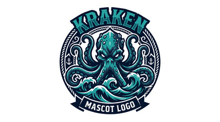 Kraken mascot logo featuring octopus tentacles in ocean waves circular badge © XsDax