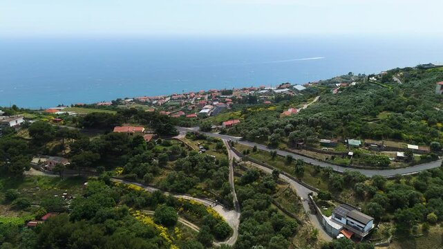 Aerial view of a beautiful seascape and the coastline of Arma di Taggia, Italy