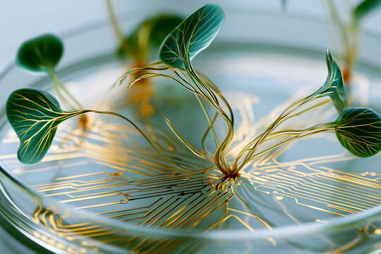 Macro view of organic microchip transistors growing from plant vines
