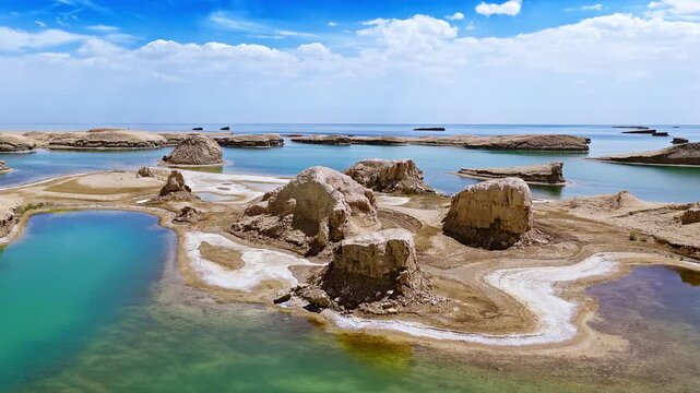 Aerial view of unique water yardang landforms with a turquoise lake and desert rock formations under a blue sky in Qinghai, China