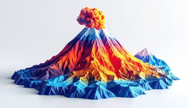 Stylized 3d model of a colorful erupting volcano