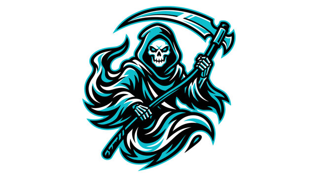 Grim Reaper mascot logo illustration with blue highlights.