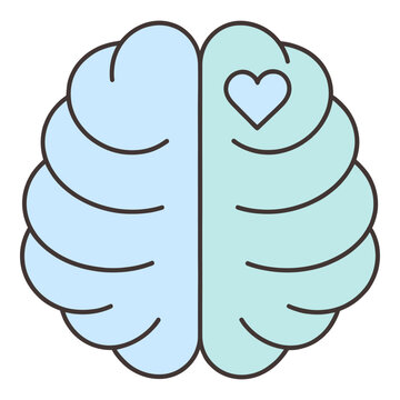 Human brain with heart icon inside representing emotional intelligence and mental health flat digital illustration