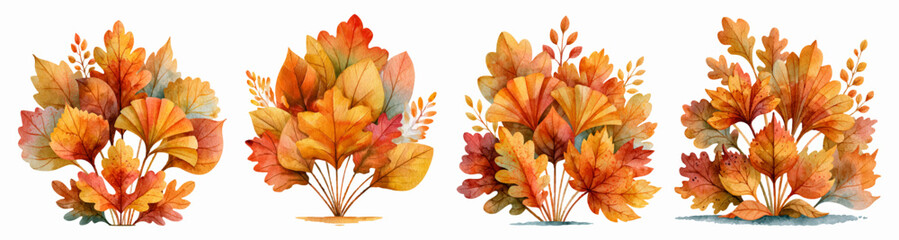 Fototapeta premium Watercolor autumn foliage collection featuring vibrant orange, red, and yellow leaves, creating a beautiful set of fall botanical elements for seasonal design