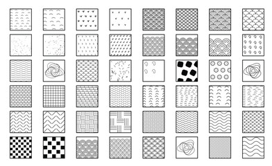 Set of 48 seamless patterns with scallops, brick, chevron, checkerboard and hand drawn doodle textures, black and white vector collection © NaeemurRahman