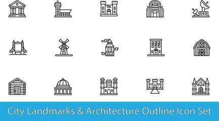 City landmarks & architecture outline icon set featuring historic castles modern airport towers farm barns bridges and classic cathedrals vector graphic © Mr. Akash