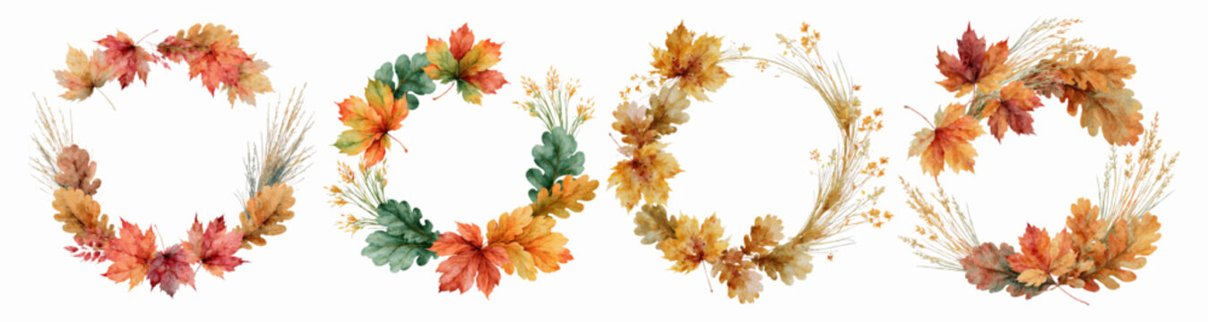 Set of four watercolor autumn wreaths presenting vibrant fall foliage including maple and oak leaves, branches, twigs, and harvest elements, ideal for seasonal design or greeting card borders