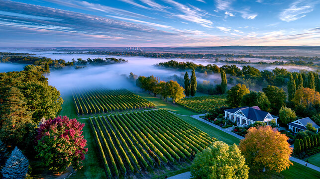 Vineyard estate bathed in morning light with fog rolling through the valley