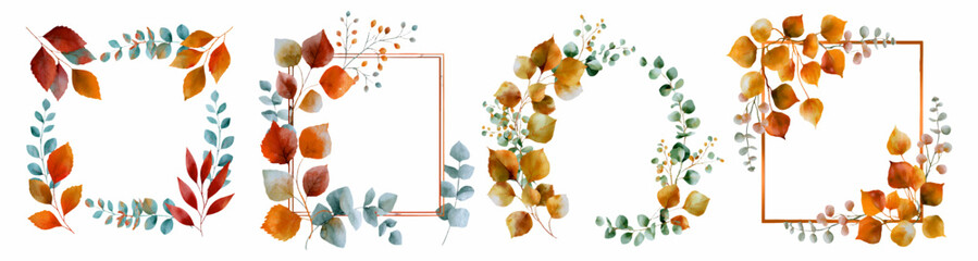 Watercolor frames showcasing a variety of autumn botanical elements. Including golden. Orange. And red fall leaves alongside green and teal eucalyptus branches © Mari