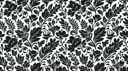 Black and white floral seamless pattern with botanical elements. © Rujak