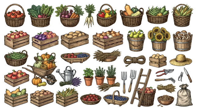 Vintage farm harvest collection, rustic garden vegetables in wooden crates and wicker baskets, hand drawn organic food vector set