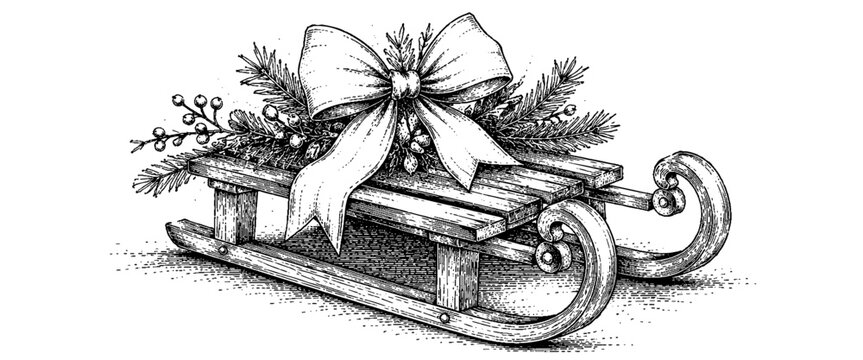 Detailed vintage engraving of a wooden Christmas sled decorated with evergreen branches, berries, and a large ribbon bow, creating a warm festive holiday decoration.