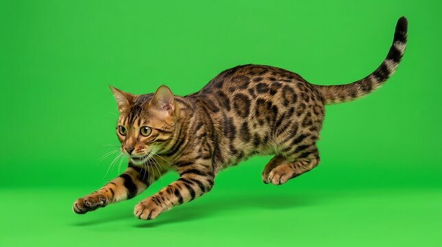 Agile spotted Bengal cat pouncing and leaping in mid-air against a solid chroma key green screen background for video production